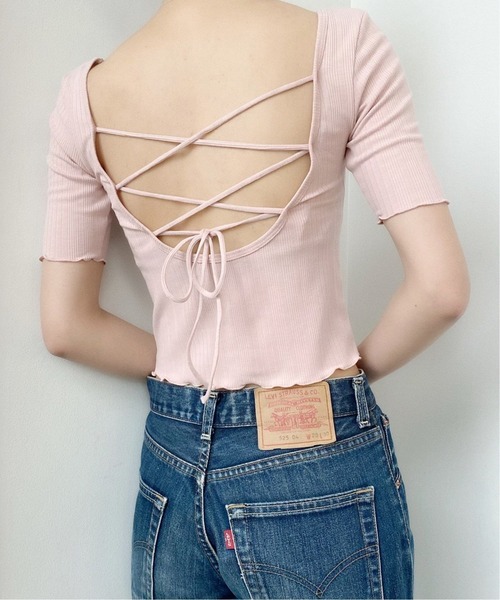Charles Chaton（シャルルシャトン）の「バックレースアップカットソー（Tシャツ/カットソー・レディース・ピンク/ブラック・FREE）」の2枚目の写真