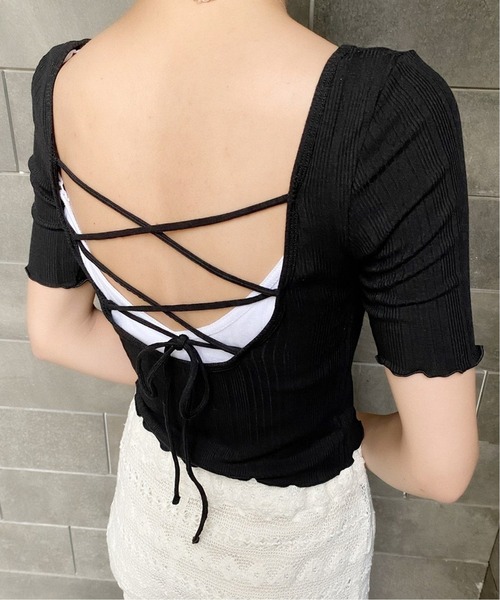 Charles Chaton（シャルルシャトン）の「バックレースアップカットソー（Tシャツ/カットソー・レディース・ピンク/ブラック・FREE）」の3枚目の写真