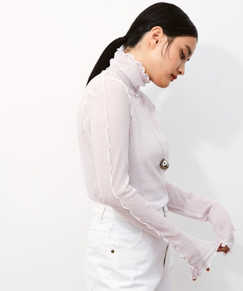 ADAM ET ROPE'（アダムエロペ）の「シアーテレコメローフリルタートル（Tシャツ/カットソー・レディース・ホワイト/ライトグレー/ブラック・FREE）」の3枚目の写真