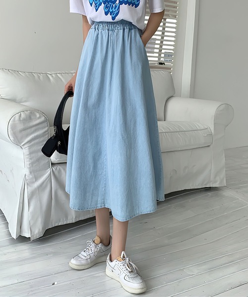 me+em select（ミームセレクト）の「★【 5COLOR 】センター切替ギャザーフレアロングスカート（スカート・レディース・ホワイト/ライトブルー/ブラック/ベージュ/ブルー・FREE）」の7枚目の写真