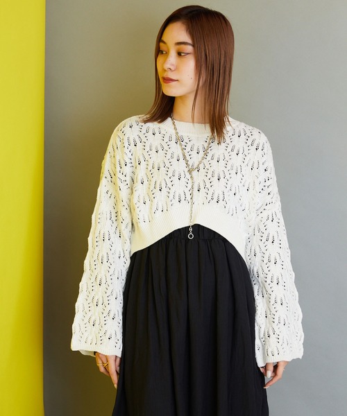 byYOUANCE（バイユアンス）の「透かし編みショートニット（ニット/セーター・レディース・サックスブルー/ブラック/ホワイト・FREE）」の5枚目の写真