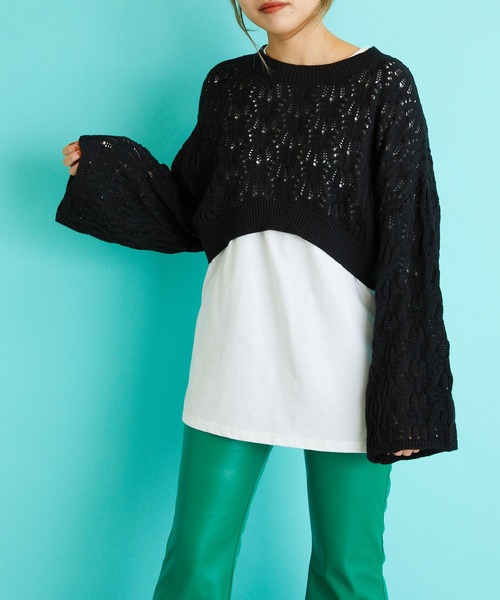 byYOUANCE（バイユアンス）の「透かし編みショートニット（ニット/セーター・レディース・サックスブルー/ブラック/ホワイト・FREE）」の10枚目の写真