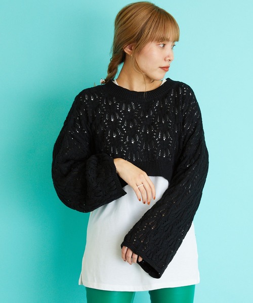 byYOUANCE（バイユアンス）の「透かし編みショートニット（ニット/セーター・レディース・サックスブルー/ブラック/ホワイト・FREE）」の11枚目の写真