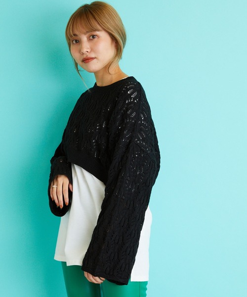 byYOUANCE（バイユアンス）の「透かし編みショートニット（ニット/セーター・レディース・サックスブルー/ブラック/ホワイト・FREE）」の12枚目の写真