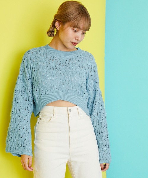 byYOUANCE（バイユアンス）の「透かし編みショートニット（ニット/セーター・レディース・サックスブルー/ブラック/ホワイト・FREE）」の17枚目の写真