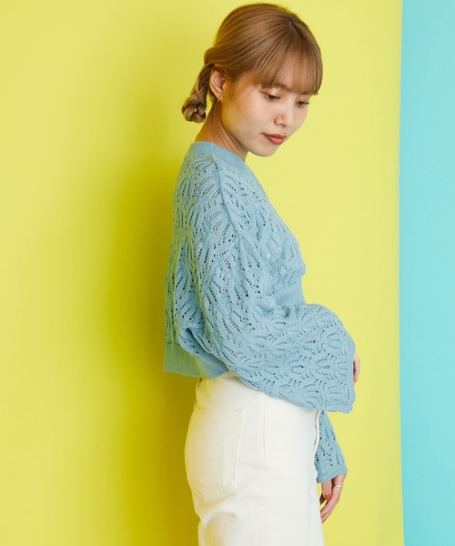 byYOUANCE（バイユアンス）の「透かし編みショートニット（ニット/セーター・レディース・サックスブルー/ブラック/ホワイト・FREE）」の18枚目の写真