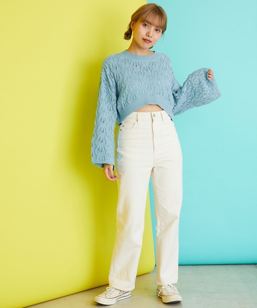 byYOUANCE（バイユアンス）の「透かし編みショートニット（ニット/セーター・レディース・サックスブルー/ブラック/ホワイト・FREE）」の20枚目の写真