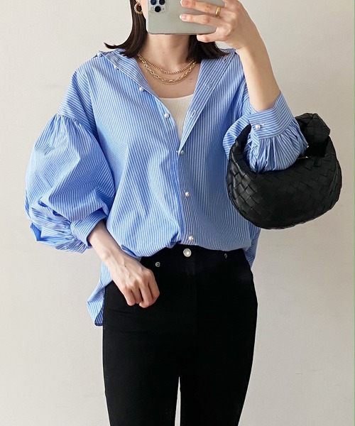 Emma Taylor（エマテイラー）の「パール釦ボリュームスリーブストライプブラウス7分袖（シャツ/ブラウス・レディース・パープル/オレンジ/グリーン/ネイビー系/サックスブルー系・FREE）」の18枚目の写真