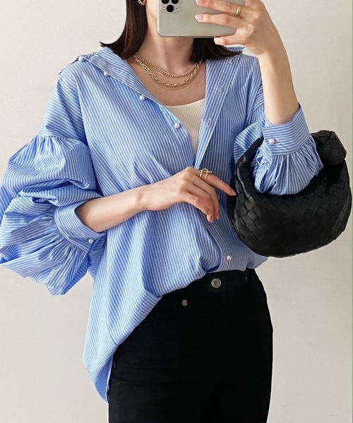 Emma Taylor（エマテイラー）の「パール釦ボリュームスリーブストライプブラウス7分袖（シャツ/ブラウス・レディース・パープル/オレンジ/グリーン/ネイビー系/サックスブルー系・FREE）」の21枚目の写真