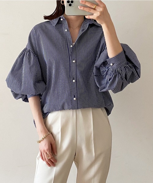 Emma Taylor（エマテイラー）の「パール釦ボリュームスリーブストライプブラウス7分袖（シャツ/ブラウス・レディース・パープル/オレンジ/グリーン/ネイビー系/サックスブルー系・FREE）」の8枚目の写真