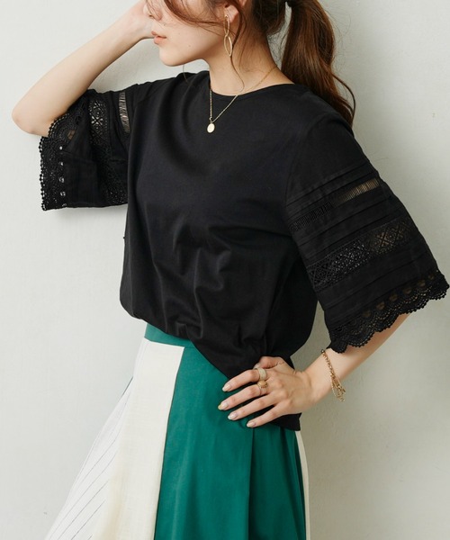 Chez toi（シェトワ）の「袖レース切替オーガニックコットンプルオーバー（Tシャツ/カットソー・レディース・ブラック/オフホワイト/キャメル・FREE）」の3枚目の写真