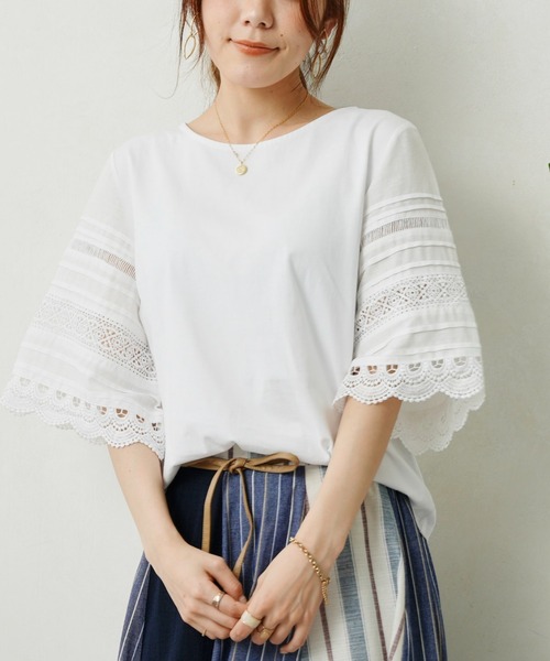 Chez toi（シェトワ）の「袖レース切替オーガニックコットンプルオーバー（Tシャツ/カットソー・レディース・ブラック/オフホワイト/キャメル・FREE）」の18枚目の写真