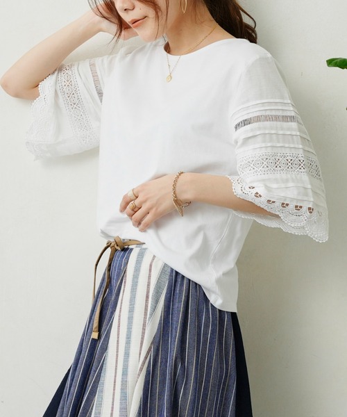 Chez toi（シェトワ）の「袖レース切替オーガニックコットンプルオーバー（Tシャツ/カットソー・レディース・ブラック/オフホワイト/キャメル・FREE）」の19枚目の写真