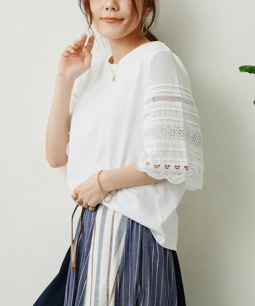 Chez toi（シェトワ）の「袖レース切替オーガニックコットンプルオーバー（Tシャツ/カットソー・レディース・ブラック/オフホワイト/キャメル・FREE）」の20枚目の写真