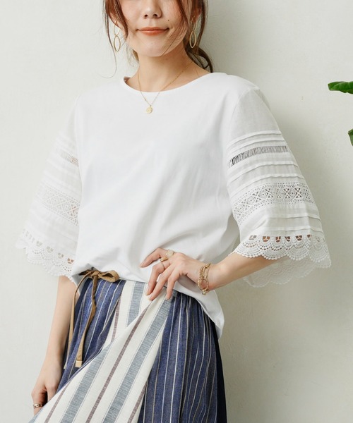 Chez toi（シェトワ）の「袖レース切替オーガニックコットンプルオーバー（Tシャツ/カットソー・レディース・ブラック/オフホワイト/キャメル・FREE）」の22枚目の写真
