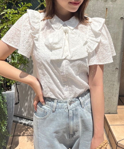 OLIVE des OLIVE(オリーブデオリーブ)の「ボウタイリボンフリル袖ブラウス(シャツ/ブラウス・レディース・ホワイト/オフホワイト/サックスブルー・FREE)」の11枚目の写真