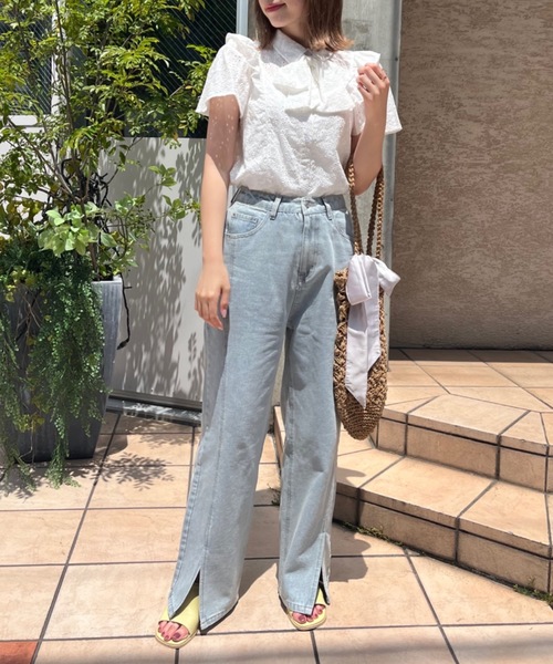 OLIVE des OLIVE(オリーブデオリーブ)の「ボウタイリボンフリル袖ブラウス(シャツ/ブラウス・レディース・ホワイト/オフホワイト/サックスブルー・FREE)」の8枚目の写真