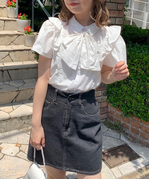 OLIVE des OLIVE(オリーブデオリーブ)の「ボウタイリボンフリル袖ブラウス(シャツ/ブラウス・レディース・ホワイト/オフホワイト/サックスブルー・FREE)」の5枚目の写真