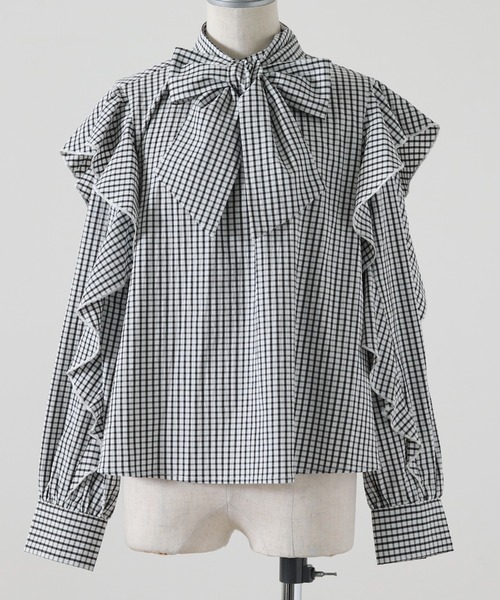 Cheek（チーク）の「長袖ボウタイフリルブラウス（シャツ/ブラウス・レディース・ホワイト×ブラック/イエロー・MEDIUM）」の15枚目の写真