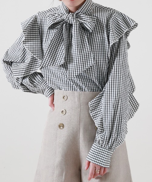 Cheek（チーク）の「長袖ボウタイフリルブラウス（シャツ/ブラウス・レディース・ホワイト×ブラック/イエロー・MEDIUM）」の13枚目の写真