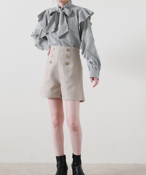 Cheek（チーク）の「長袖ボウタイフリルブラウス（シャツ/ブラウス・レディース・ホワイト×ブラック/イエロー・MEDIUM）」の7枚目の写真