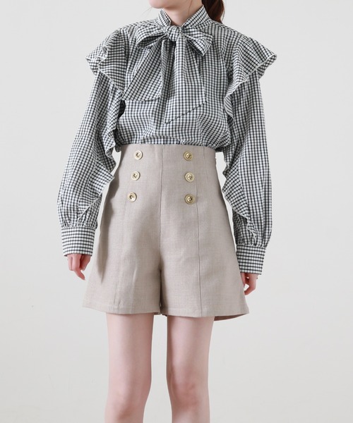 Cheek（チーク）の「長袖ボウタイフリルブラウス（シャツ/ブラウス・レディース・ホワイト×ブラック/イエロー・MEDIUM）」の9枚目の写真