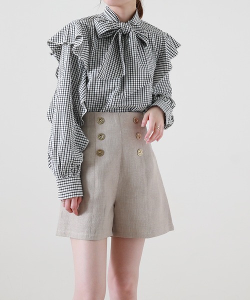 Cheek（チーク）の「長袖ボウタイフリルブラウス（シャツ/ブラウス・レディース・ホワイト×ブラック/イエロー・MEDIUM）」の10枚目の写真