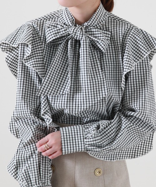 Cheek（チーク）の「長袖ボウタイフリルブラウス（シャツ/ブラウス・レディース・ホワイト×ブラック/イエロー・MEDIUM）」の12枚目の写真