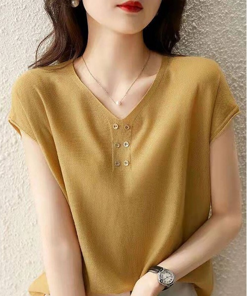 LOPASS(ロパス)の「フレンチ袖 Vネックトップス(Tシャツ/カットソー・レディース・イエロー・M/L)」の4枚目の写真