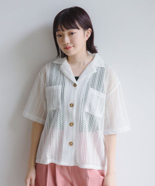 RETRO GIRL(レトロガール)の「メッシュ半袖開襟SH(シャツ/ブラウス・レディース・グリーン/オフホワイト/ブラック・FREE)」の13枚目の写真