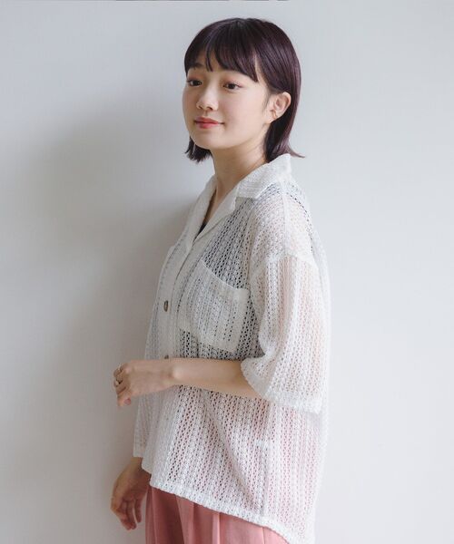 RETRO GIRL(レトロガール)の「メッシュ半袖開襟SH(シャツ/ブラウス・レディース・グリーン/オフホワイト/ブラック・FREE)」の14枚目の写真