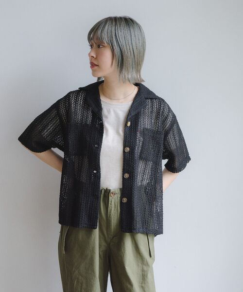 RETRO GIRL(レトロガール)の「メッシュ半袖開襟SH(シャツ/ブラウス・レディース・グリーン/オフホワイト/ブラック・FREE)」の20枚目の写真