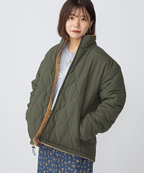 *SHIPS:ビッグシルエットリバーシブルナイロンキルトボアフリーススタンドブルゾン