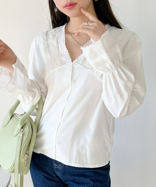 Loueme(ルエム)の「【23S/S 春夏新作】レーストリム深Vネックブラウス(シャツ/ブラウス・レディース・ホワイト/ブラック・FREE)」の11枚目の写真
