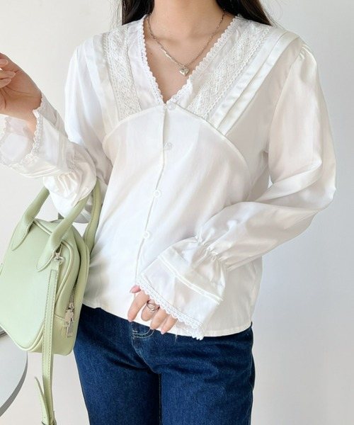 Loueme(ルエム)の「【23S/S 春夏新作】レーストリム深Vネックブラウス(シャツ/ブラウス・レディース・ホワイト/ブラック・FREE)」の8枚目の写真