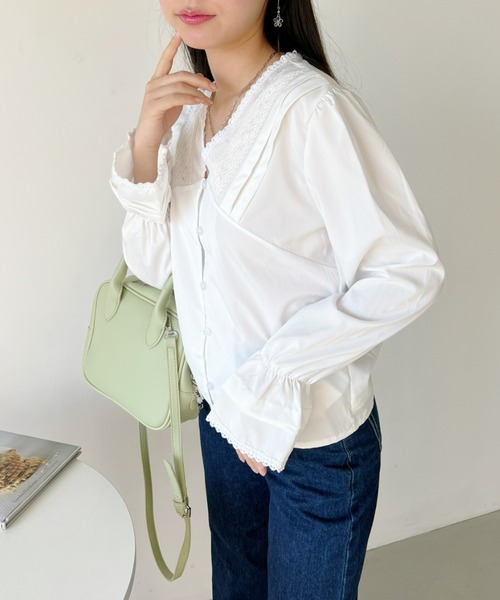Loueme(ルエム)の「【23S/S 春夏新作】レーストリム深Vネックブラウス(シャツ/ブラウス・レディース・ホワイト/ブラック・FREE)」の10枚目の写真