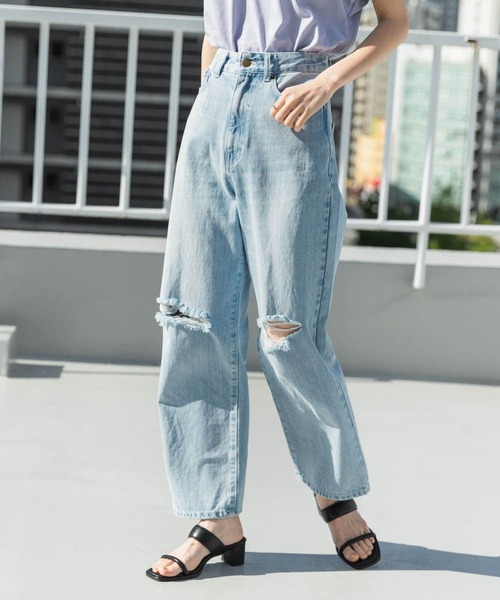 SENSE OF PLACE by URBAN RESEARCH（センスオブプレイスバイアーバンリサーチ）の「ハイウエストクラッシュデニム（デニムパンツ・レディース・ブラック/ライトインディゴブルー・SMALL/MEDIUM）」の2枚目の写真