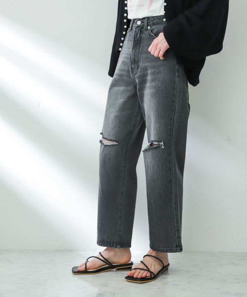 SENSE OF PLACE by URBAN RESEARCH（センスオブプレイスバイアーバンリサーチ）の「ハイウエストクラッシュデニム（デニムパンツ・レディース・ブラック/ライトインディゴブルー・SMALL/MEDIUM）」の3枚目の写真