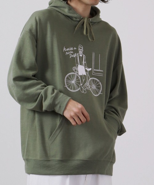 MODISH GAZE(モディシュガゼ)の「MODISH GAZE T/Cポンチ プルパーカー(自転車おじさん)(パーカー・メンズ・オフホワイト/ブラック/カーキ・M/L)」の15枚目の写真