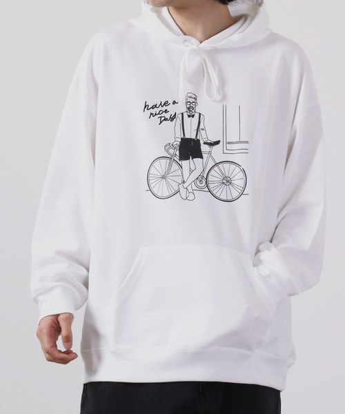 MODISH GAZE(モディシュガゼ)の「MODISH GAZE T/Cポンチ プルパーカー(自転車おじさん)(パーカー・メンズ・オフホワイト/ブラック/カーキ・M/L)」の5枚目の写真