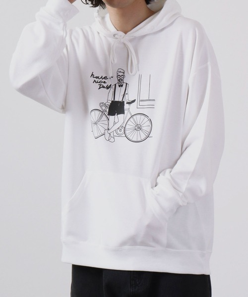 MODISH GAZE(モディシュガゼ)の「MODISH GAZE T/Cポンチ プルパーカー(自転車おじさん)(パーカー・メンズ・オフホワイト/ブラック/カーキ・M/L)」の6枚目の写真