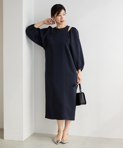 極美品　ヴェルメイユパーイエナ　ダブルクロス ショルダースリットワンピース　紺 VERMEIL par iena（ヴェルメイユパーイエナ）の「ダブルクロス