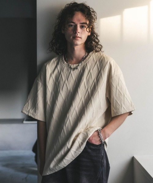 Shoowtime（ショウタイム）の「オーバーサイズエンボスパイピングTシャツ（Tシャツ/カットソー・メンズ・ホワイト系1/ブラック/ベージュ/ブラック系1/ライトグリーン/ホワイト・X-LARGE/MEDIUM/LARGE）」の5枚目の写真