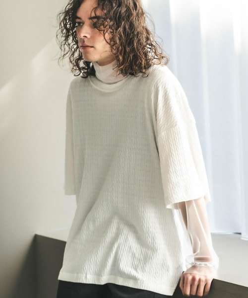 Shoowtime（ショウタイム）の「オーバーサイズエンボスパイピングTシャツ（Tシャツ/カットソー・メンズ・ホワイト系1/ブラック/ベージュ/ブラック系1/ライトグリーン/ホワイト・X-LARGE/MEDIUM/LARGE）」の2枚目の写真