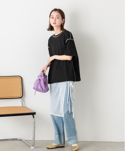 ad thie(アドティエ)の「配色ステッチ スムースTシャツ(Tシャツ/カットソー・レディース・ブラック/杢グレー/ラベンダー/オフホワイト/ブラウン・FREE)」の13枚目の写真