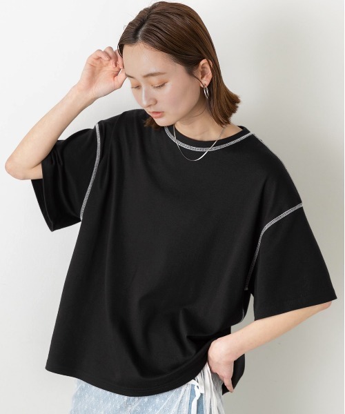 ad thie(アドティエ)の「配色ステッチ スムースTシャツ(Tシャツ/カットソー・レディース・ブラック/杢グレー/ラベンダー/オフホワイト/ブラウン・FREE)」の14枚目の写真