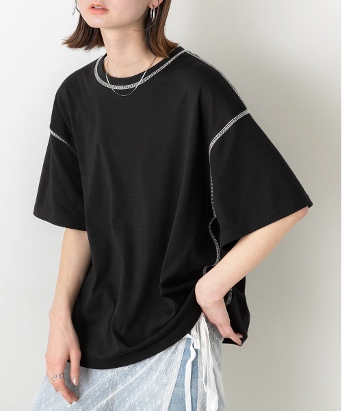 ad thie(アドティエ)の「配色ステッチ スムースTシャツ(Tシャツ/カットソー・レディース・ブラック/杢グレー/ラベンダー/オフホワイト/ブラウン・FREE)」の15枚目の写真