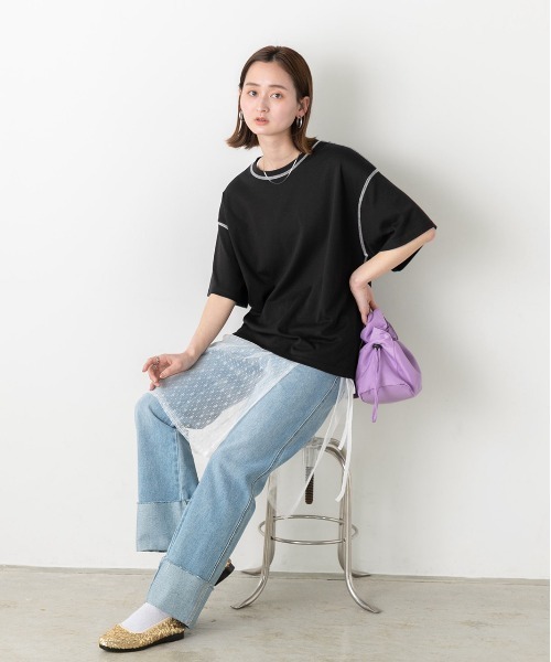 ad thie(アドティエ)の「配色ステッチ スムースTシャツ(Tシャツ/カットソー・レディース・ブラック/杢グレー/ラベンダー/オフホワイト/ブラウン・FREE)」の16枚目の写真