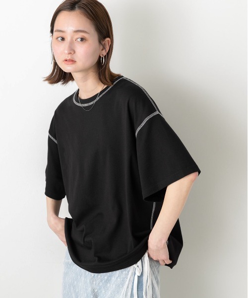 ad thie(アドティエ)の「配色ステッチ スムースTシャツ(Tシャツ/カットソー・レディース・ブラック/杢グレー/ラベンダー/オフホワイト/ブラウン・FREE)」の17枚目の写真
