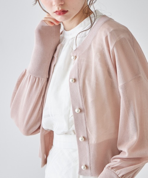 パール釦シアーラメニットカーディガン（カーディガン/ボレロ）｜tocco